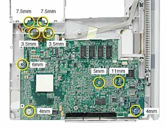 ibook (14.1 LCD 16 VRAM) Screw Locator - 5 of 5 Logic Board Replacement Three identical #0 Phillips, 6 mm long 7.5 mm 7.5 mm Two identical #0 Phillips, 4 mm long One #0 Phillips, 6 mm long 3.