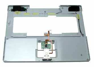 9. Before installing the replacement top case, make sure it includes the following: Speaker set Power button and board (under left speaker) Speaker cable and power switch cable Trackpad assembly with