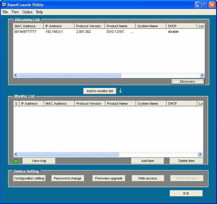 SmartConsole Utility Features The SmartConsole Utility is divided into four parts, a Menu Toolbar of functions at the top, Discovery List, Monitor List, and Device Setting.