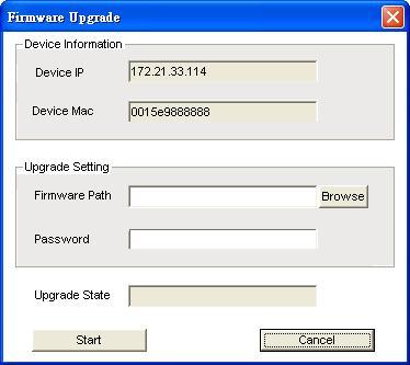 Firmware Upgrade: To update the device firmware, enter the firmware path and password (if necessary),