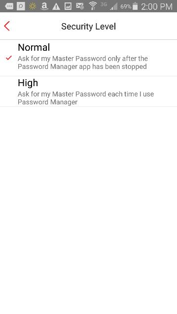 Application 4. The Application section shows Change Master Password, Security Level, Automatic Form Filling, and Sync Now. 5. Tap Change Master Password to change the master password. 6.