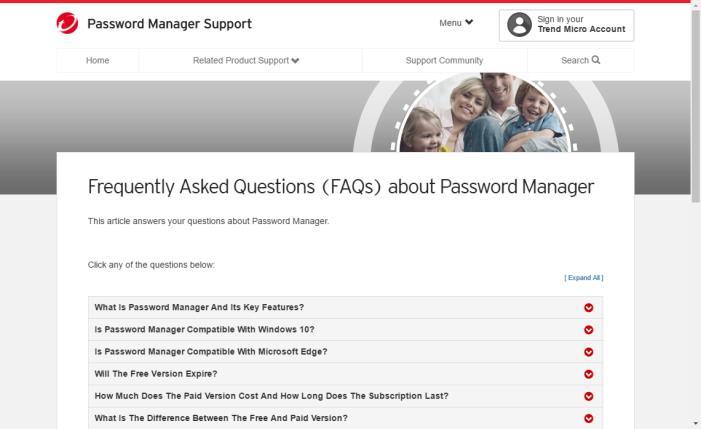 Figure 154. Password Manager Support 2. Scroll down and click the various down arrows to open a FAQ.