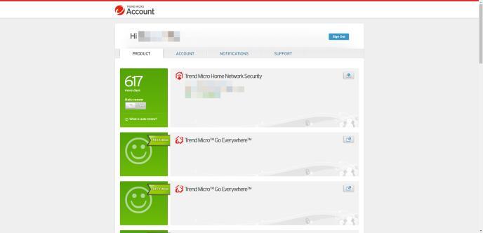 Here you can review and edit Products, your Account data, Notifications you receive from Trend Micro, and access Support.
