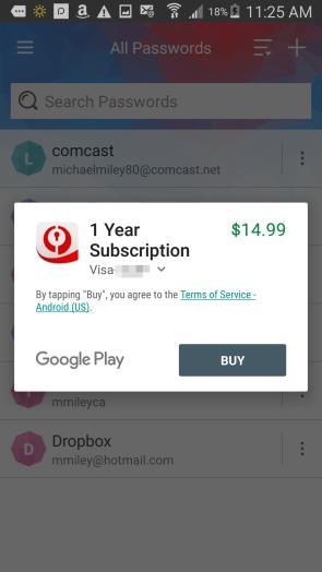 The Google Play purchase popup appears. 5. Tap Buy.