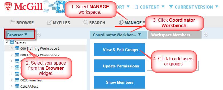 4. Make changes and click OK. If you change your mind and you don t want to update, click Cancel. Group Administration Use the following steps to add or remove users or groups to/from your space.
