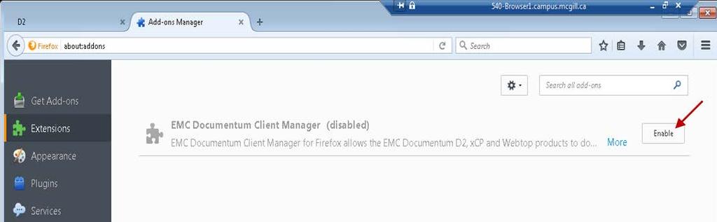 2. Click Enable to enable the EMC Documentum Client Manager. Otherwise, you will get a prompt to install the Content Transfer Extension; if you select yes, it will enable the plugin.