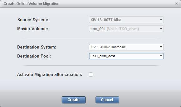 Figure 2-13 Create Online Migration menu option in Volumes and Snapshots view Either method opens the Create Online Volume