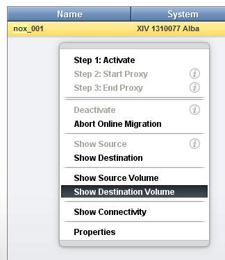 4. Additionally, you can verify that the destination volume was created by right-clicking the IBM Hyper-Scale Mobility relationship and selecting the Show Destination Volume menu option, as shown in