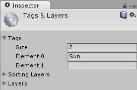 7 Add a tag named Sun And select it in the drop down list The tag have to be Sun, this allows the planets prefabs to works without any setting, so that way you can dynamically instantiate them by