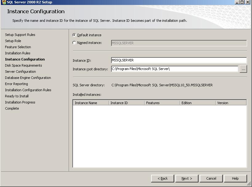 Figure 11 Instance Configuration dialog box Select Default instance and use MSSQLSERVER as the Instance ID. Do not modify the default instance ID.