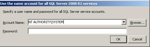 Figure 13 Server Configuration dialog box 13. Click Use the same account for all SQL Server services to set a service account, shown in Figure 14.