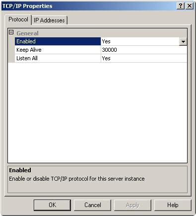 Figure 41 Configure TCP/IP properties 7. Select Yes for Listen All on the Protocol tab. 8. Select Yes for the Enabled option of each IP address. 9.