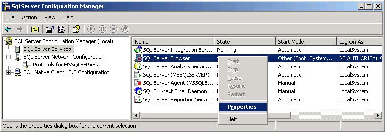 To start the SQL Server Browser service: 1. Select Start > All Programs > Microsoft SQL Server 2008 R2 > Configuration Tools > SQL Server Configuration Manager.