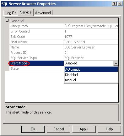 Figure 45 Service tab 4. Click OK. 5. In the SQL Server Configuration Manager window, right-click SQL Server Browser, and then select Start from the shortcut menu.