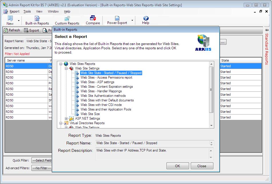 The operations that can be performed in the Report window are Report Selection