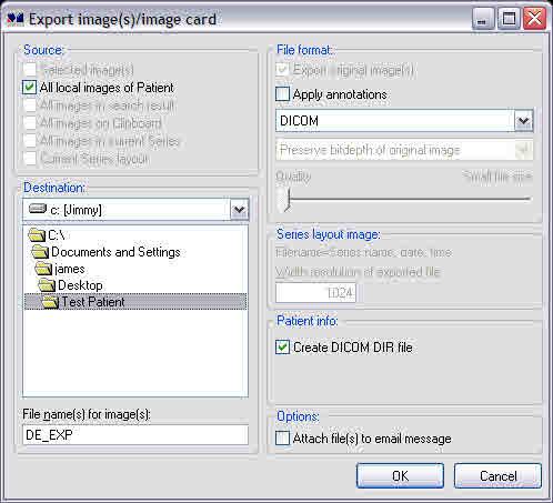 In the Export image(s)/image card dialog, the file format should be left as DICOM, make sure to check Create DICOM DIR file, and the destination should be the folder you created in step