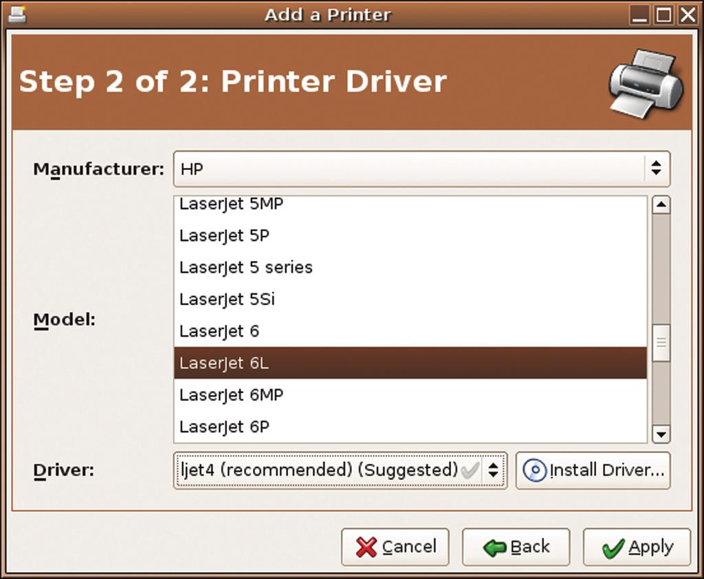 The next window will ask you to select the make and model of the printer in order to install the appropriate driver.