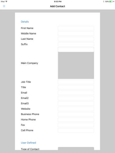 The Add Contact form makes all contact fields available for use in one location including all general fields, user defined fields, and notes.