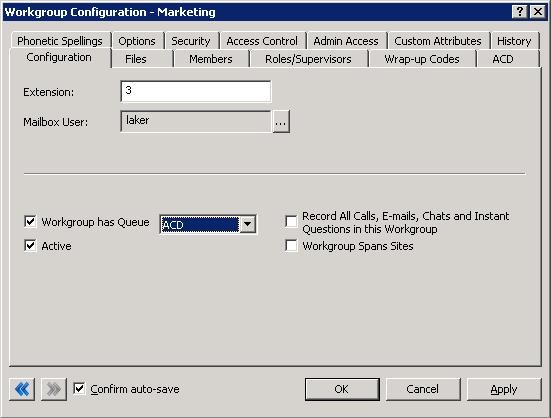 Types of ACD On the Configuration tab of the Workgroup Configuration dialog box, you can specify the type of ACD routing to use by selecting the appropriate item from the Workgroup has Queue list