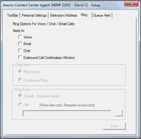 The Setup Window Ring Tab In this tab the agent can cancel or activate a ring tone generated by an incoming ringing contact, as well as specify what type of ring tone to be generated.
