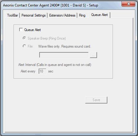 The Setup Window Queue Alert Tab In this tab, the agent can cancel or activate an alert tone generated by an incoming queued contact, as well as specify what type of alert tone to be generated.