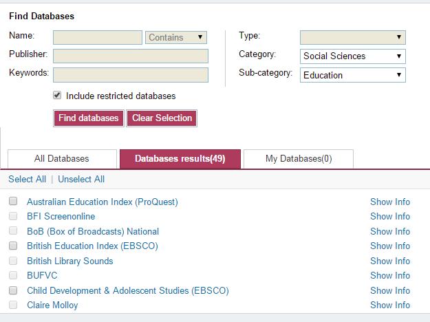 Finding Academic Databases 1. Click dropdown arrow next to Category and select Social Sciences 2. Click dropdown arrow next to Sub-Category and select Education 5.
