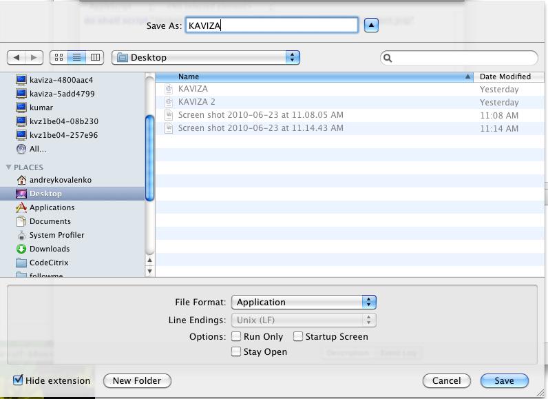 In the AppleScript Editor go to File / Save As. Select the file format Application and save your Kaviza shortcut to the desktop.