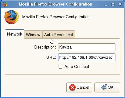 Click Next. Enter the connection name Kaviza and the URL http://<kmanager_ip_address>/dt/kavizaclient.jnlp Click on the Kaviza shortcut created on the desktop to launch the Kaviza Client.