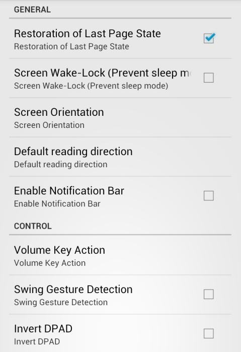 and Hebrew ❺ Option to display the notification information Control Options ❻ Change the settings of Volume Key Action None, Page Flipping, Column Move, Zoom In/Out ❼ Side swing gesture to turn page