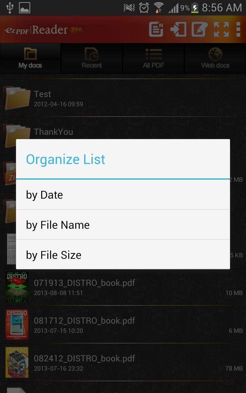 File Manager Menu Options Sort File List Menu option is displayed when Menu Button is pressed Select Sort by button to sort file list ❸ Sort by created or modified date; may change to ascending or