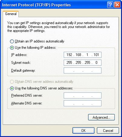 (4) In the [Internet Protocol (TCP/IP) Properties] dialog, click [Use the following IP address] and enter the IP address (for example, 192.168.1.101 ) that you want to set in the IP address field.