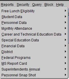 Reports The Reports option contains selections for authorized Users to run Student/BOOK REQUEST FORM/School/District/State level reports.