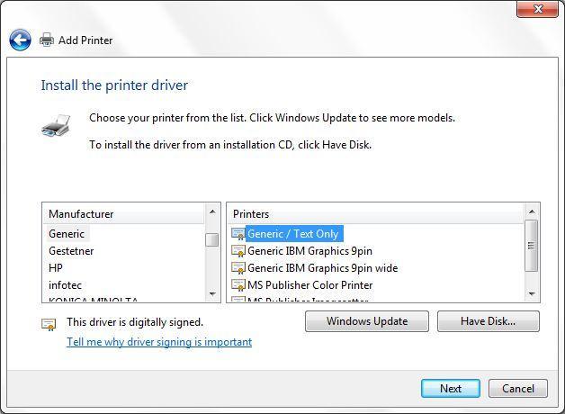 In the Install the printer driver screen, scroll down the left-hand list of Manufacturers and choose Generic.