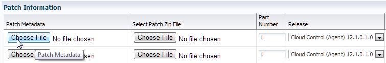 For patches 13242776 and 13491785, select the patch metadata file and patch zip file from the local directory on the system and click Upload. Figure 2 31 Patch Information e.