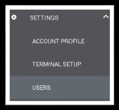 Settings The SETTINGS tab contains Account Profile, Terminal Setup, and Users (User Management) sections.