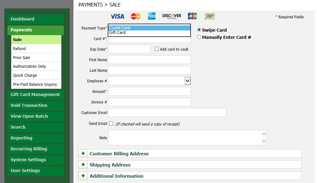 Chapter 5: Payments MANUALLY KEYED TRANSACTION Step 1: From the left navigation pane select the Payments option. Step 2: Select Sale.