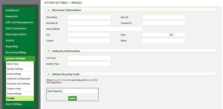 Chapter 12: System Settings PROFILE SETTINGS The profile page is used to identify the merchant s company information, identify card types supported and what information prints at the top of all