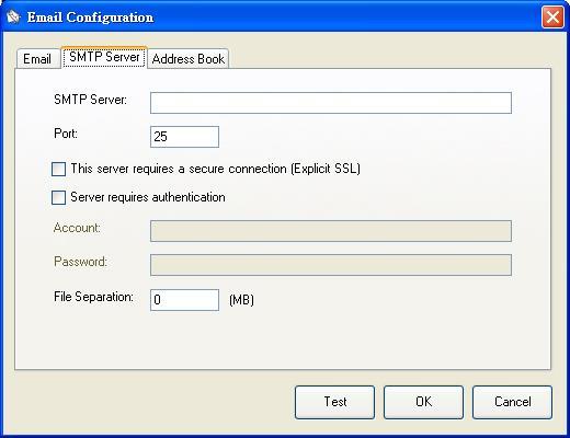 - Port: Enter the port number of your SMTP server. Default: 25 - If the SMTP server requires authentication, check Server requires authentication and then enter your account name and password.