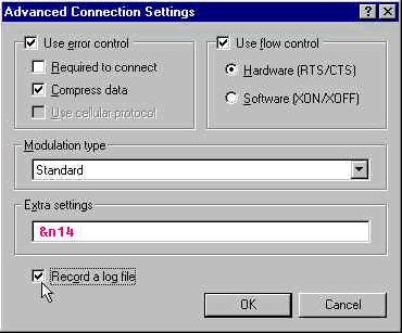 If any additional settings are needed for the modem connection to succeed, enter those commands in the Extra settings text box.