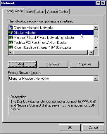 The Dial Up Adapter Properties dialog box is displayed. 3. Select the Advanced tab.