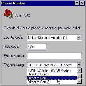 The Phone Number dialog box is displayed (see Figure 2). HyperTerminal assumes that you want to make a call, so it prompts for the phone number. From the drop down list, select the desired COM port.
