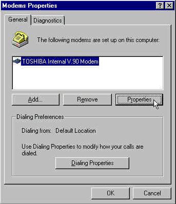 3. The Modem type Properties dialog box is displayed.