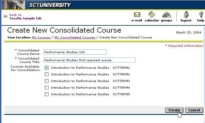 Enter a Name and Title for your consolidated course, select the course(s) you wish to attach