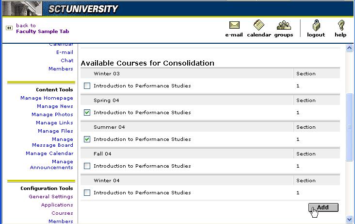 Adding and removing courses Click the checkbox(s) next to the name(s) of the course or courses