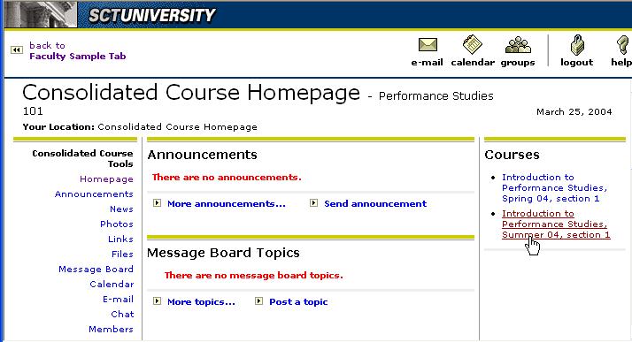 NAVIGATING AMONG HOMEPAGES From the Consolidated Course homepage you can easily and quickly navigate to any of the homepages of the courses belonging to your consolidated course and back again.