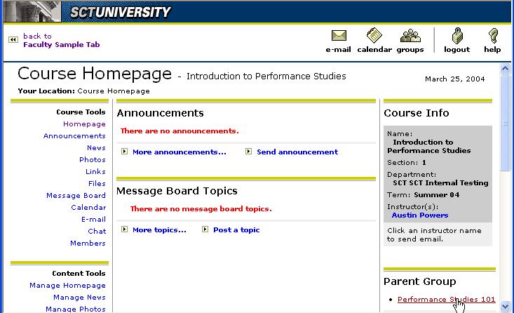 Navigating among homepages Again going to the right-hand column, click on the name of the consolidated course listed under Parent Group. You are returned to the homepage of the consolidated group.