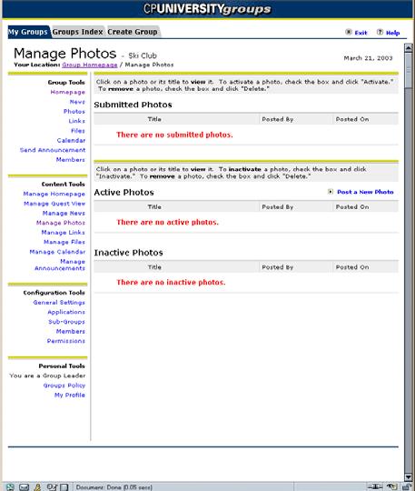 Managing homepage content caption. Clicking on an image launches the photo viewer, which allows members to see the larger image and to navigate forward or backward through the album.