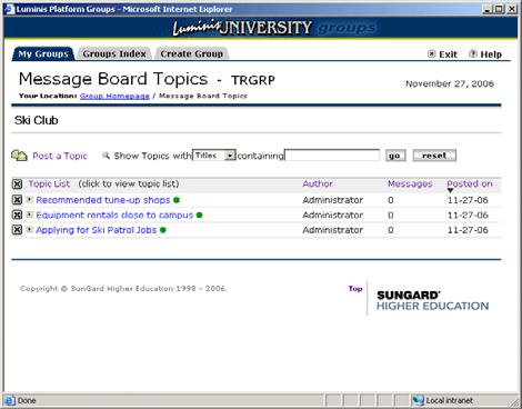 You are returned to the Message Board Topics page. To add additional topics, click the Add Topic icon and repeat the steps outlined above for entering a title.