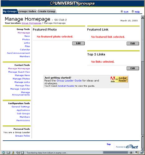 Managing homepage content Locate the Featured Photo section of the page and click Edit.