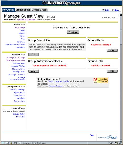 Managing guest page content Notice that the page already contains a Group Description. The text for this description was originally provided when you requested the group.